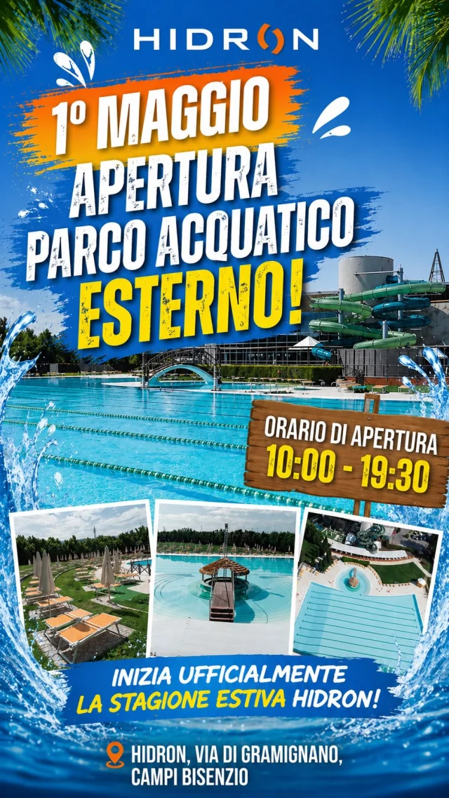 Inizia la stagione estiva Hidron 🏖️ 

Commenta ESTATE per avere il calendario di maggio con le date di apertura. 🗓️

Venerdì 1º maggio il nostro parco acquatico esterno apre le porte. 🌞

Postazioni con ombrelloni e lettini gratuite in base alle disponibilità del momento. ⛱️

Orario 10:00 - 19:00 🕙

Sole, tuffi e piscina vi aspettano 😎

📍Hidron, Via di Gramignano snc, Camoi Bisenzio (FI)