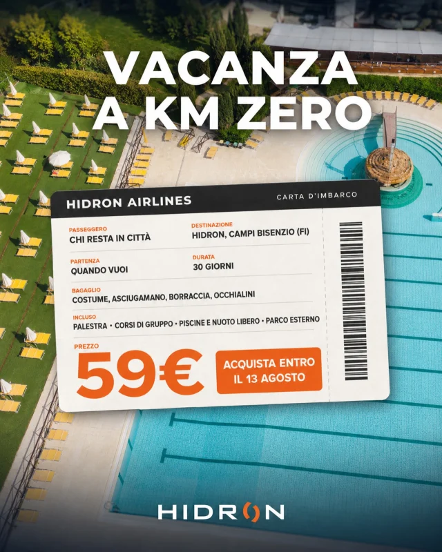 Ad agosto in città ci resti tu… e ci restiamo noi 😎

Scopri come fare 𝟯𝟬 𝗴𝗶𝗼𝗿𝗻𝗶 di vacanza a KM ZERO.

Con Hidron All Inclusive hai dentro tutto:
🏋️ Palestra e sala pesi
🤸 Corsi di gruppo
🏊 Piscine e nuoto libero
☀️ Parco acquatico esterno

💥 Tutto questo a 𝟱𝟵€ per 30 giorni
⏳ Lo compri online solo fino al 𝟭𝟯 𝗮𝗴𝗼𝘀𝘁𝗼

E se a settembre fai l’abbonamento annuale, i 59€ te li scaliamo dal totale.

👉 Prenota il tuo posto sullo Shop Online!
📍 HIDRON, Via di Gramignano, Campi Bisenzio (FI)